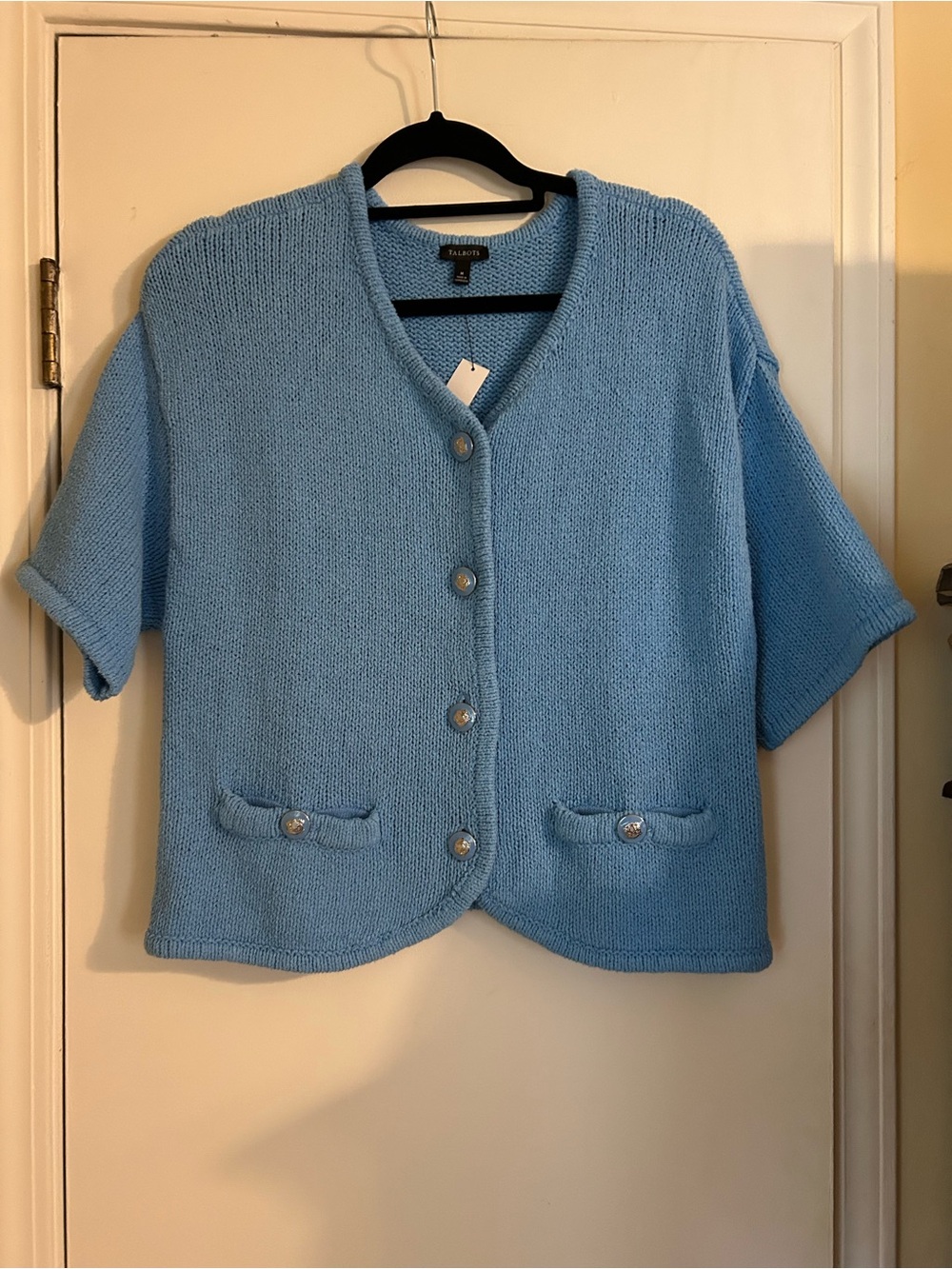 NWTalbots Sky Blue Short-Sleeve Knit Cardigan Women’s Sz M with Pocket Buttons